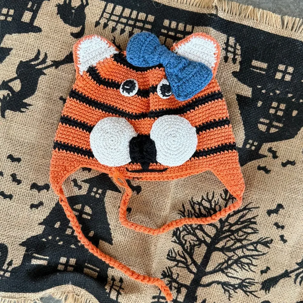CUTE Orange Crochet Tiger‎ Face Infant Hat Ties